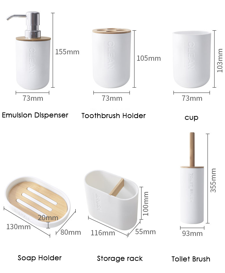 Badkamerset 6 Delig - Toiletaccessoires Set - Acryl - Zeeppompje - Tandenborstelhouder - Zeepschaal - Beker - Toiletborstel - Wit
