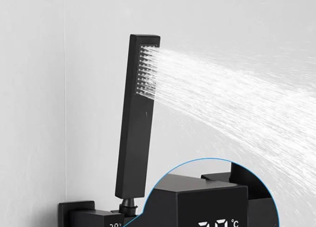 Messing Ophangbeugel Draaibare Muurkoppeling met LCD temperatuur weergave houder voor handdouche Vierkant mat zwart