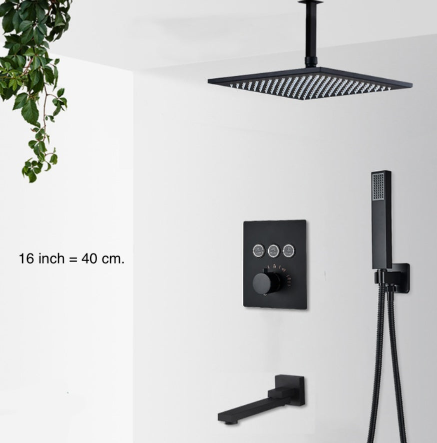 SaniSupreme® SmartPulse Plafond Thermostatische Doucheset Alicante 3 weg 40 cm regendouche vierkant mat zwart