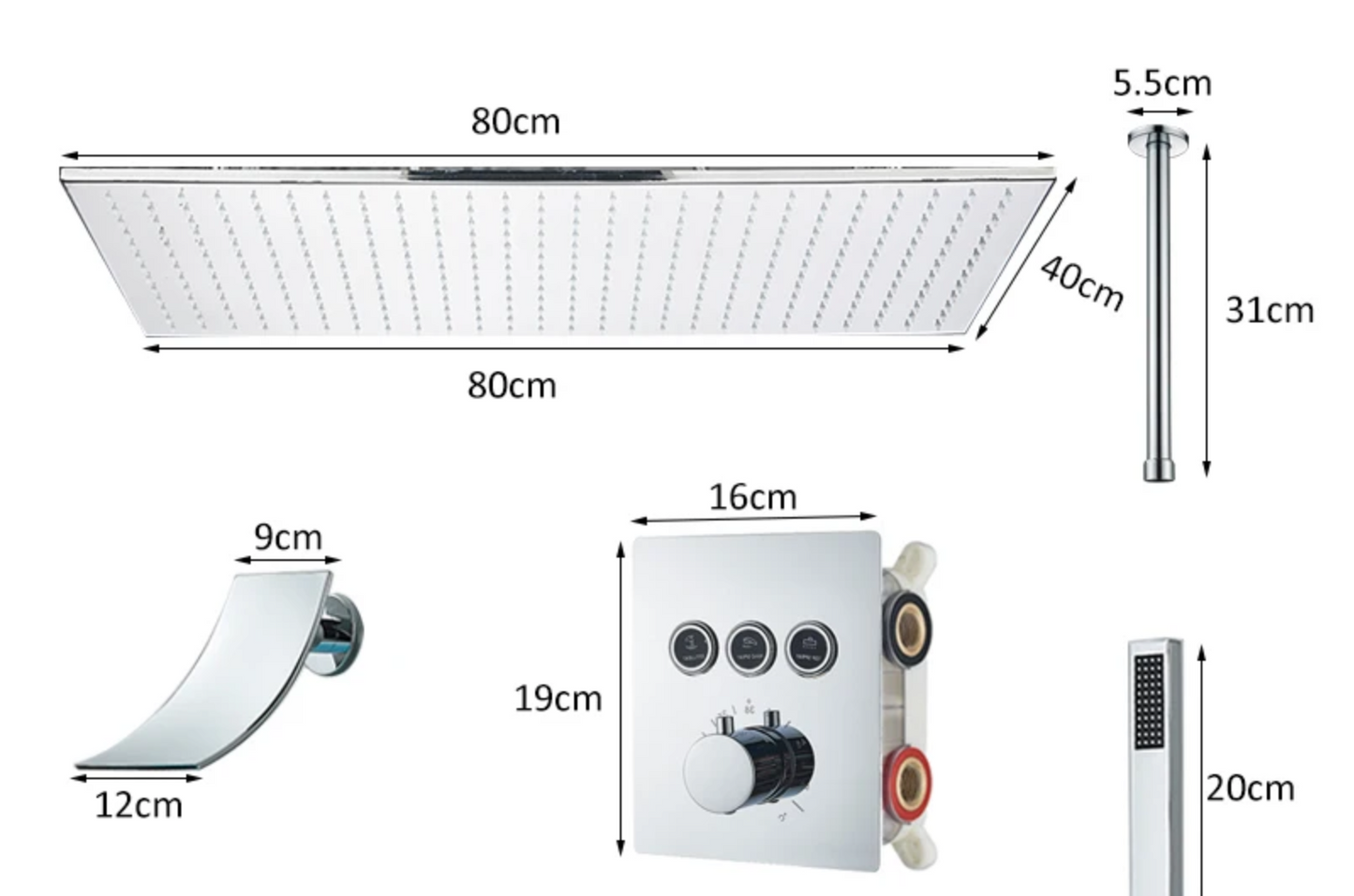 SaniSupreme® SmartPulse Plafond LED Thermostatische Doucheset Alicante 2 weg 40x80 cm regendouche Chroom Glans
