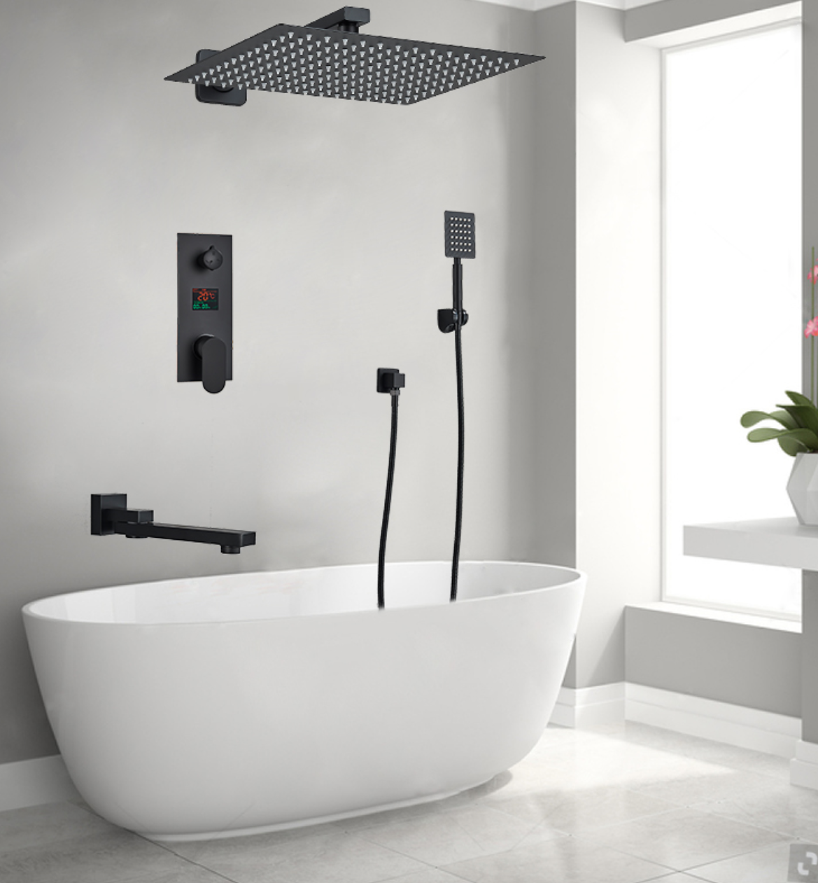 SaniSupreme Shower set Manhattan Premium de Luxe LCD 12 inch rain shower square 3-way black built-in