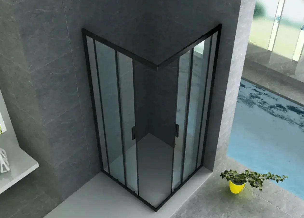 Moderne hoek douchecabine met schuifdeur en mat zwart frame – Sanisupreme