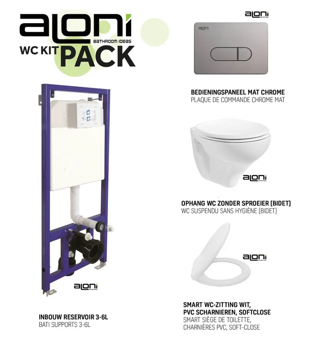 Aloni complete toilet inbouw reservoir set met bedieningspaneel, wandtoilet en softclose wc-zitting van SaniSupreme.