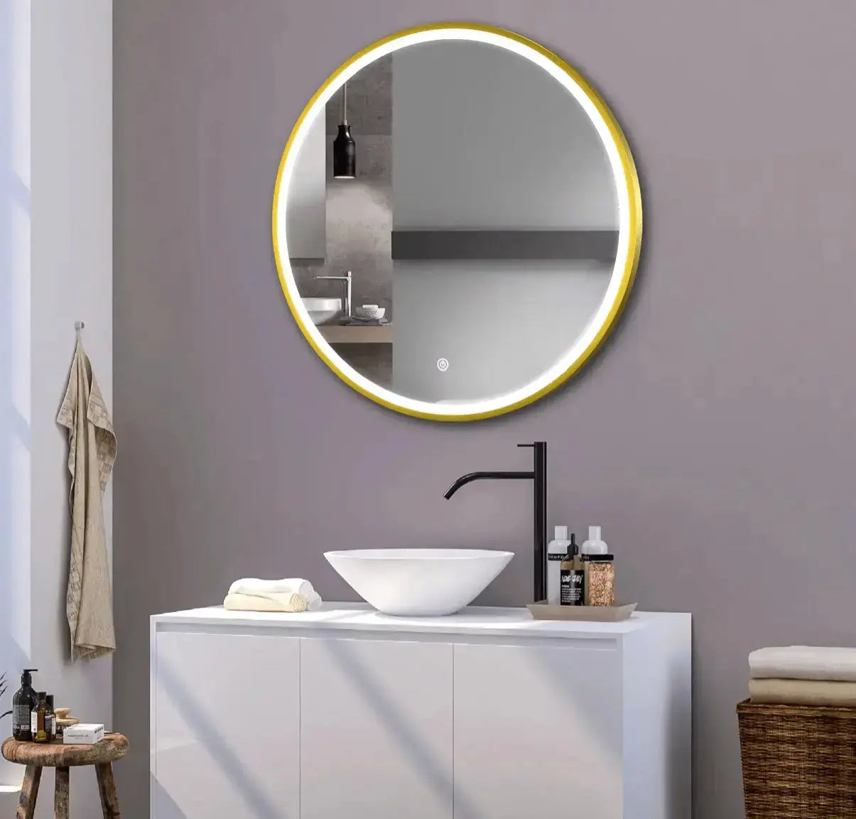 SaniSupreme ronde badkamerspiegel 100 cm geborsteld goud met geïntegreerde LED verlichting