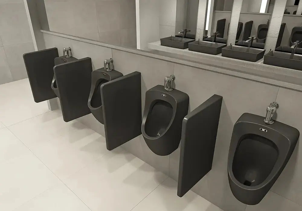 Moderne zwarte urinoirs met mat design en scheidingswanden, geplaatst in stijlvolle toiletruimte van SaniSupr