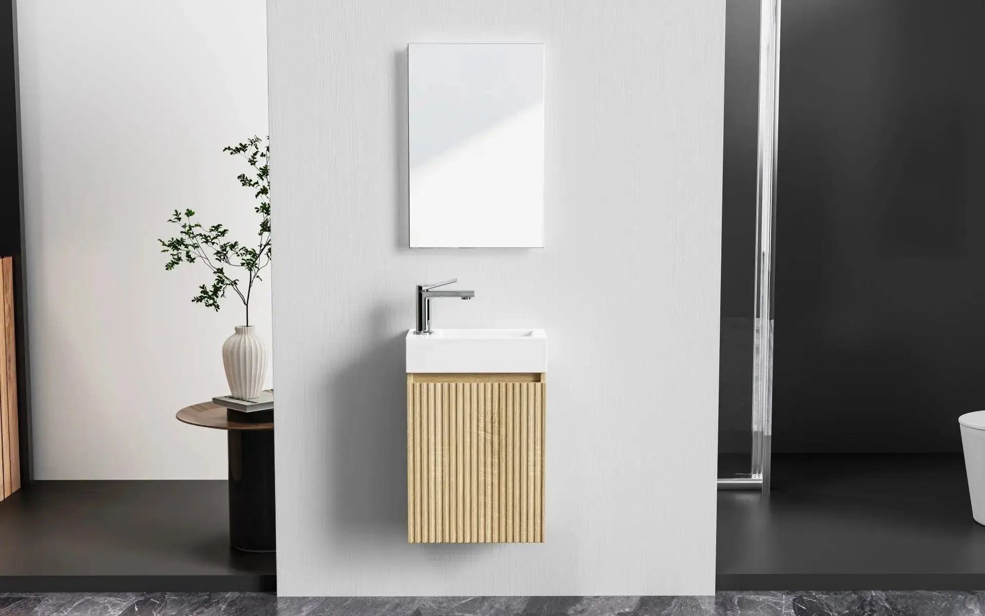 Sanisupreme complete fonteinset met licht eiken onderkast, wit keramische wastafel en spiegel – compact badkamermeubel ideaal voor kleine toiletruimtes.