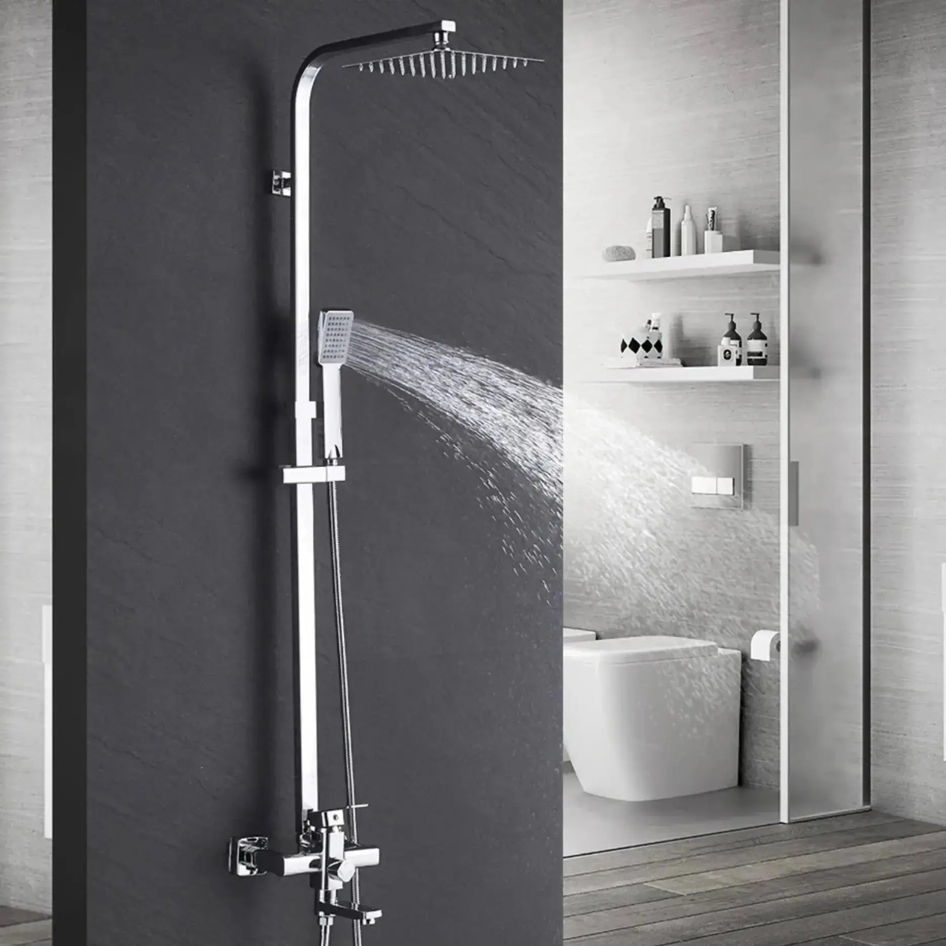 Modern chrome shower set with rain shower and hand shower, ideal for a stylish and contemporary bathroom.
