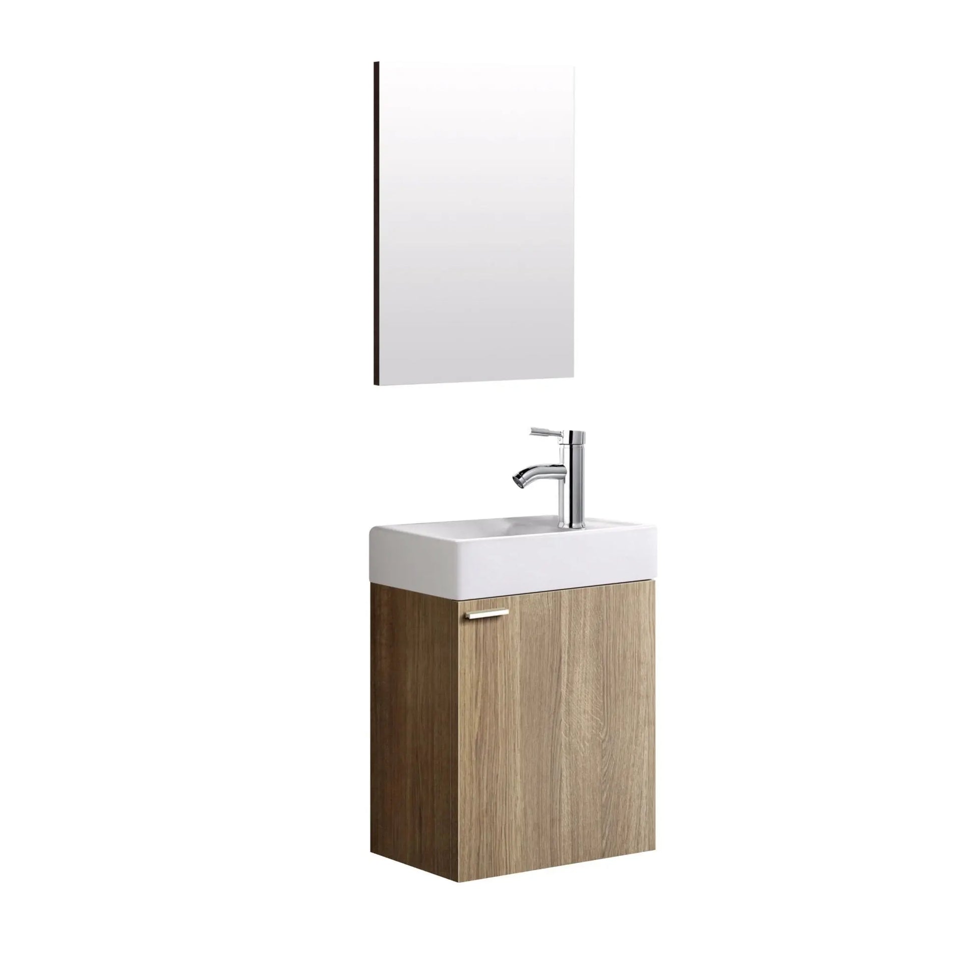 Stijlvolle eiken fonteinset met wastafel en spiegel, ideaal voor toiletruimtes met luxe toilet accessoires.