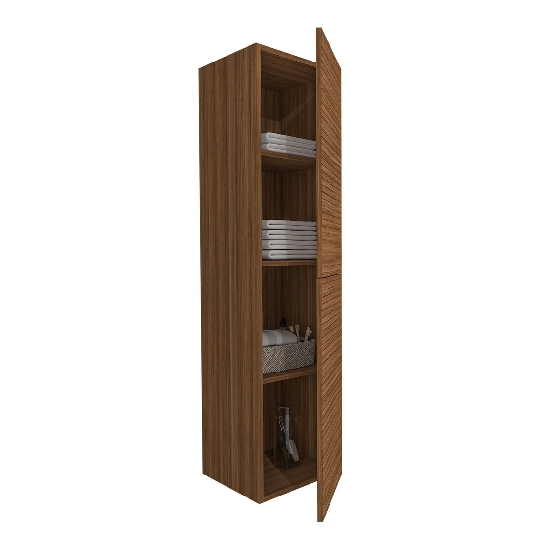 Sanisupreme Highline Elite kolomkast 160x42x42 cm in walnoot met horizontaal reliëf – hoge badkamerkast met legplanken en draaideur.