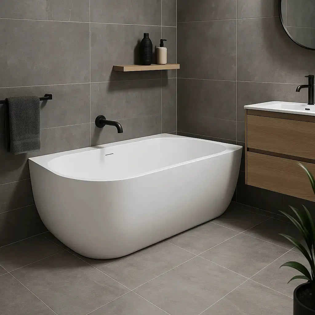 Baignoire d'angle blanche moderne en acrylique à la finition mate, design épuré pour la salle de bains.