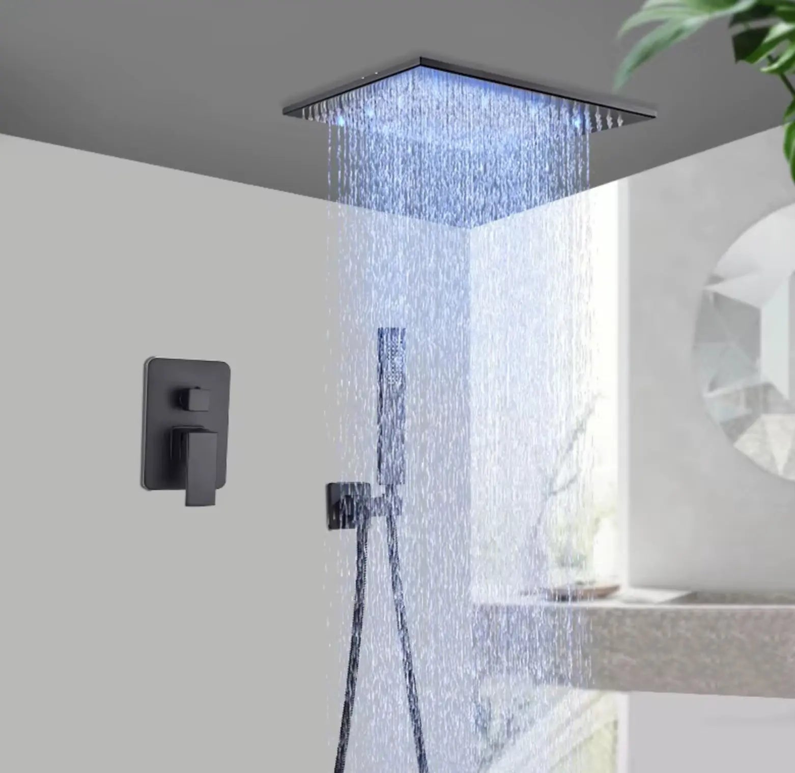 Vierkante plafond regendouche met LED verlichting in mat zwart – Sanisupreme