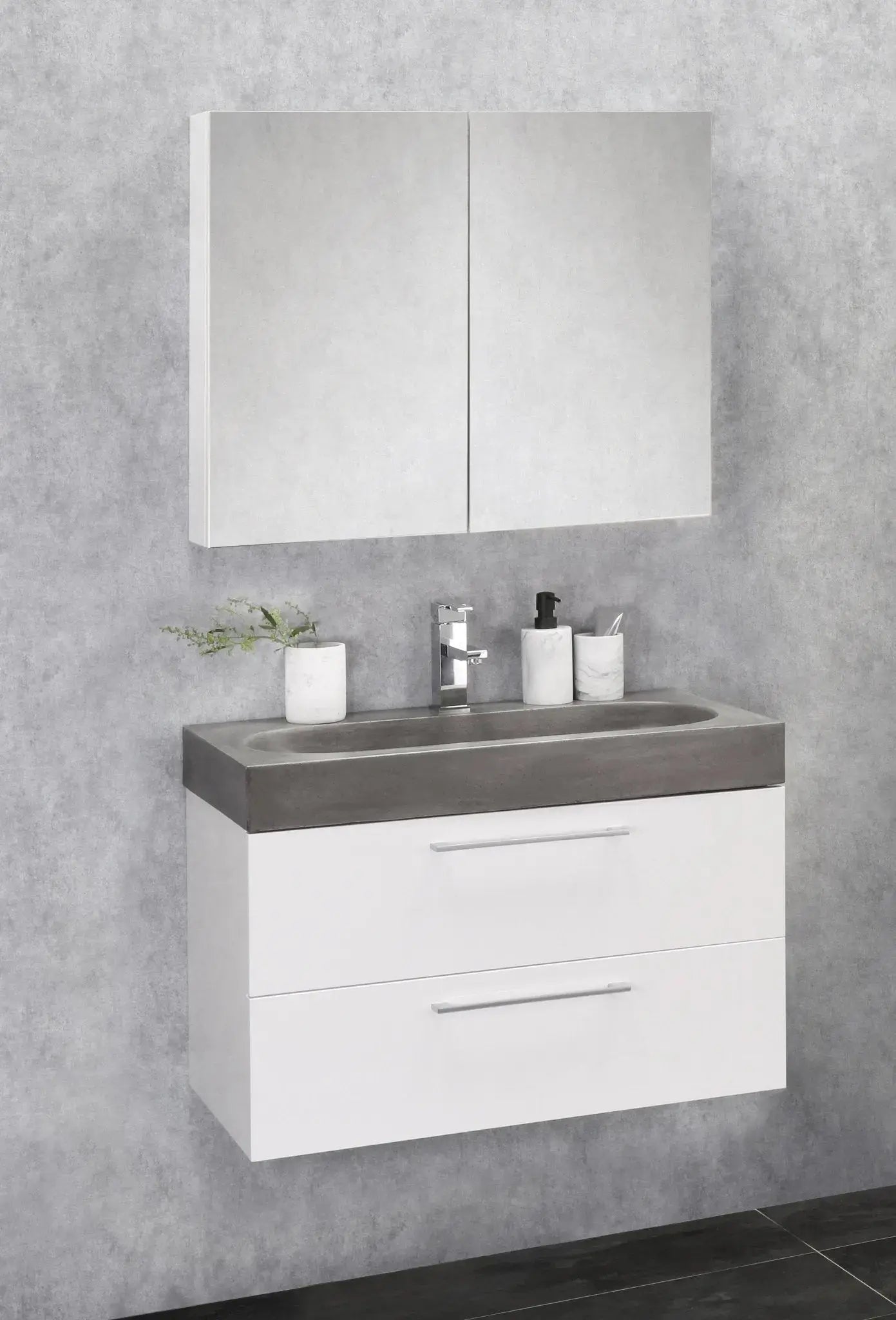 White high-gloss bathroom mirror cabinet with two doors above the sink