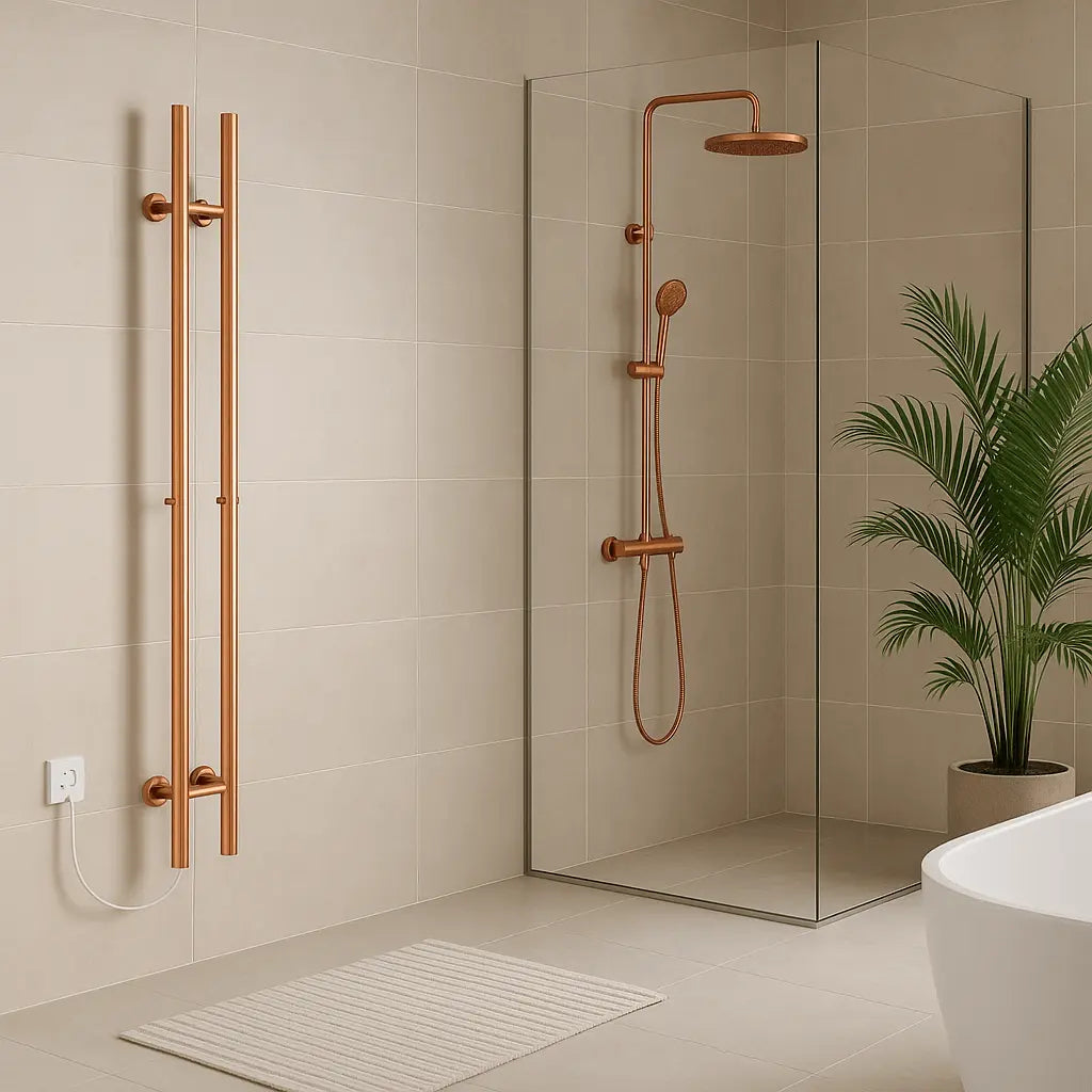 Elektrische handdoekradiator in geborsteld koper naast een inloopdouche in een moderne badkamer