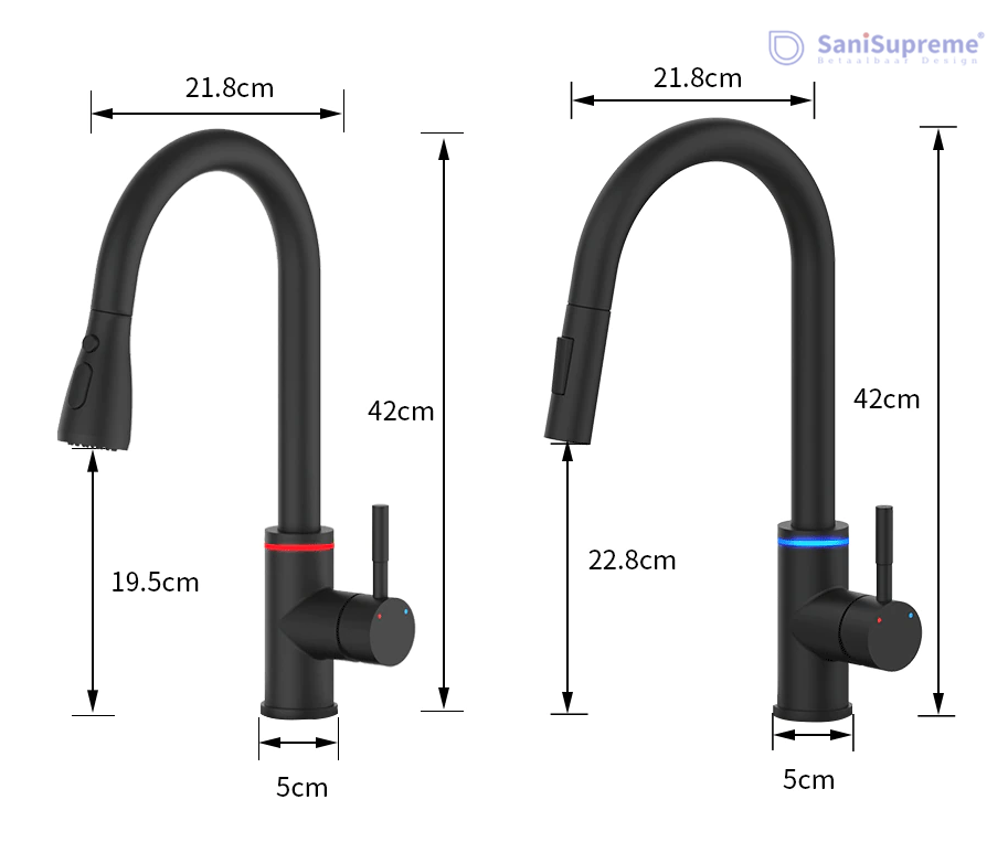 SaniSupreme thermostatische keukenkraan LED uittrekbaar Nordica Series zwart smalle uitloop