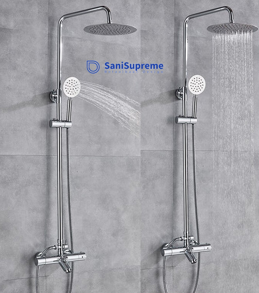SaniSupreme Florida opbouw bad doucheset 8 inch 20 cm. 3-weg regendouche met baduitloop rond chroom