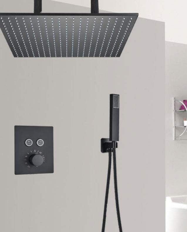 SaniSupreme®SmartPulse Plafond Thermostatische Doucheset Alicante 2 weg 50 cm regendouche vierkant mat zwart