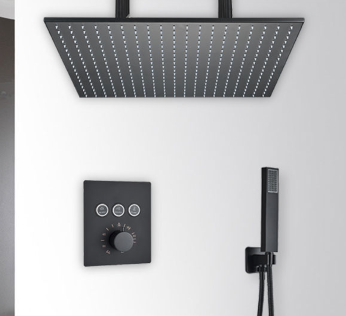 SaniSupreme®SmartPulse Plafond Thermostatische Doucheset Alicante 2 weg 50 cm regendouche vierkant mat zwart
