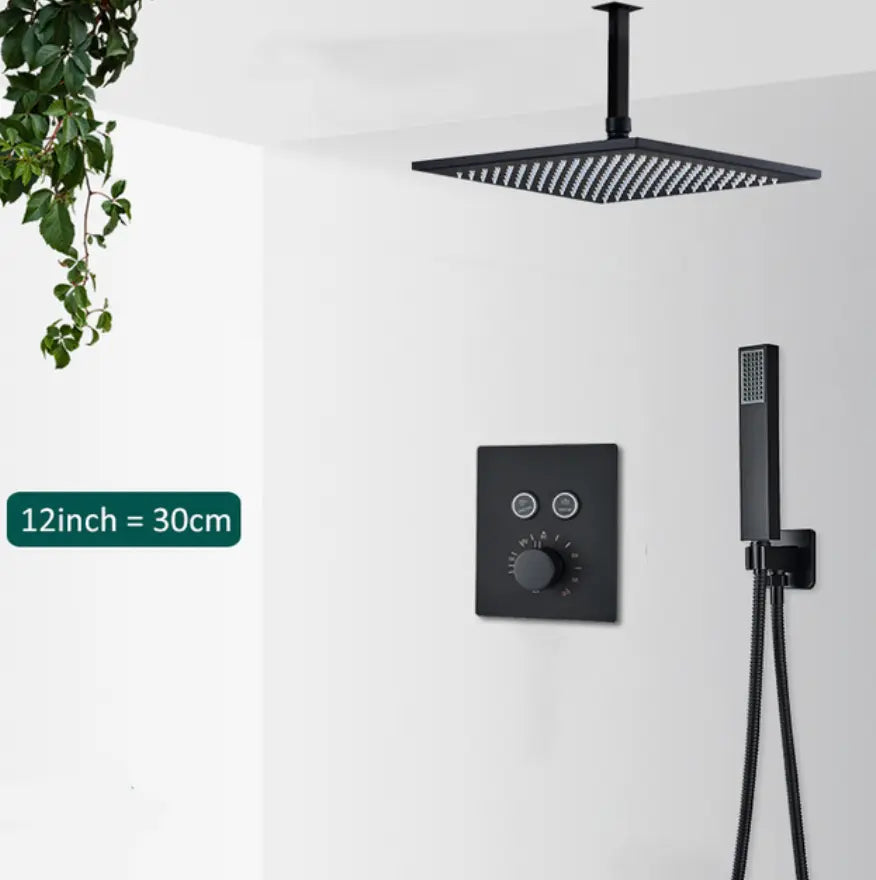 "SaniSupreme zwarte inbouw thermostatische mengkraan met 2-weg bediening en 30 cm vierkante regendouche."