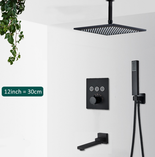 SaniSupreme® SmartPulse Plafond Thermostatische Doucheset Alicante 3 weg 30 cm regendouche vierkant mat zwart