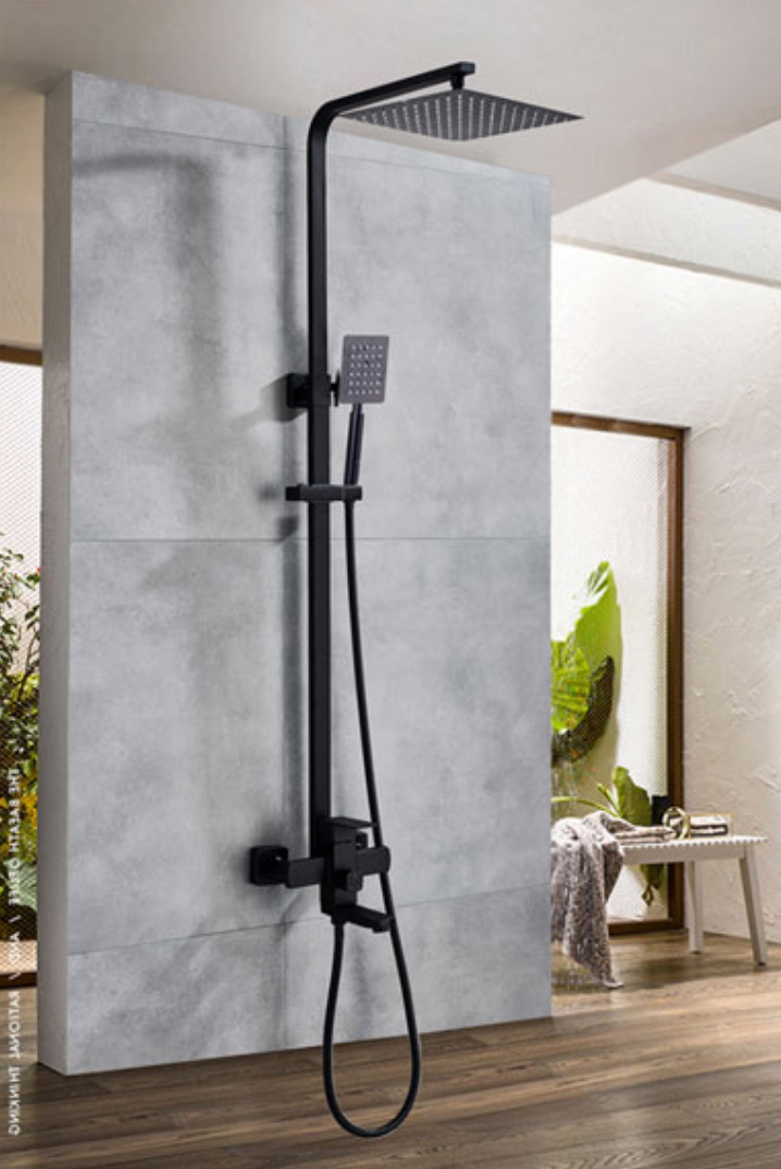 SaniSupreme Arizona opbouw bad doucheset met baduitloop 12 inch regendouche mat zwart vierkant