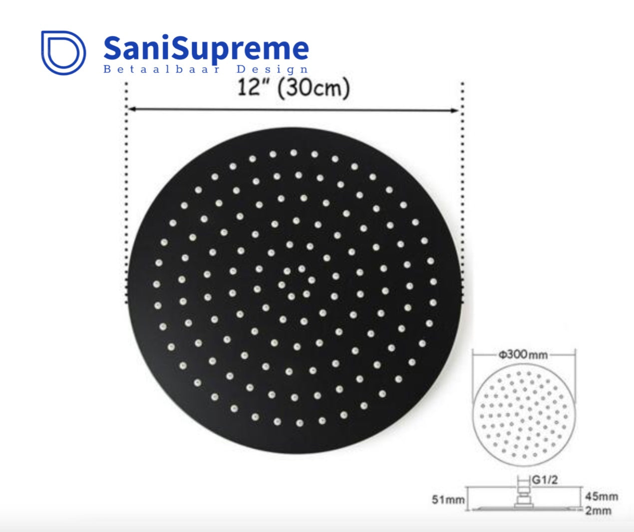 SaniSupreme® Regendouche douchekop 12 inch rond mat zwart
