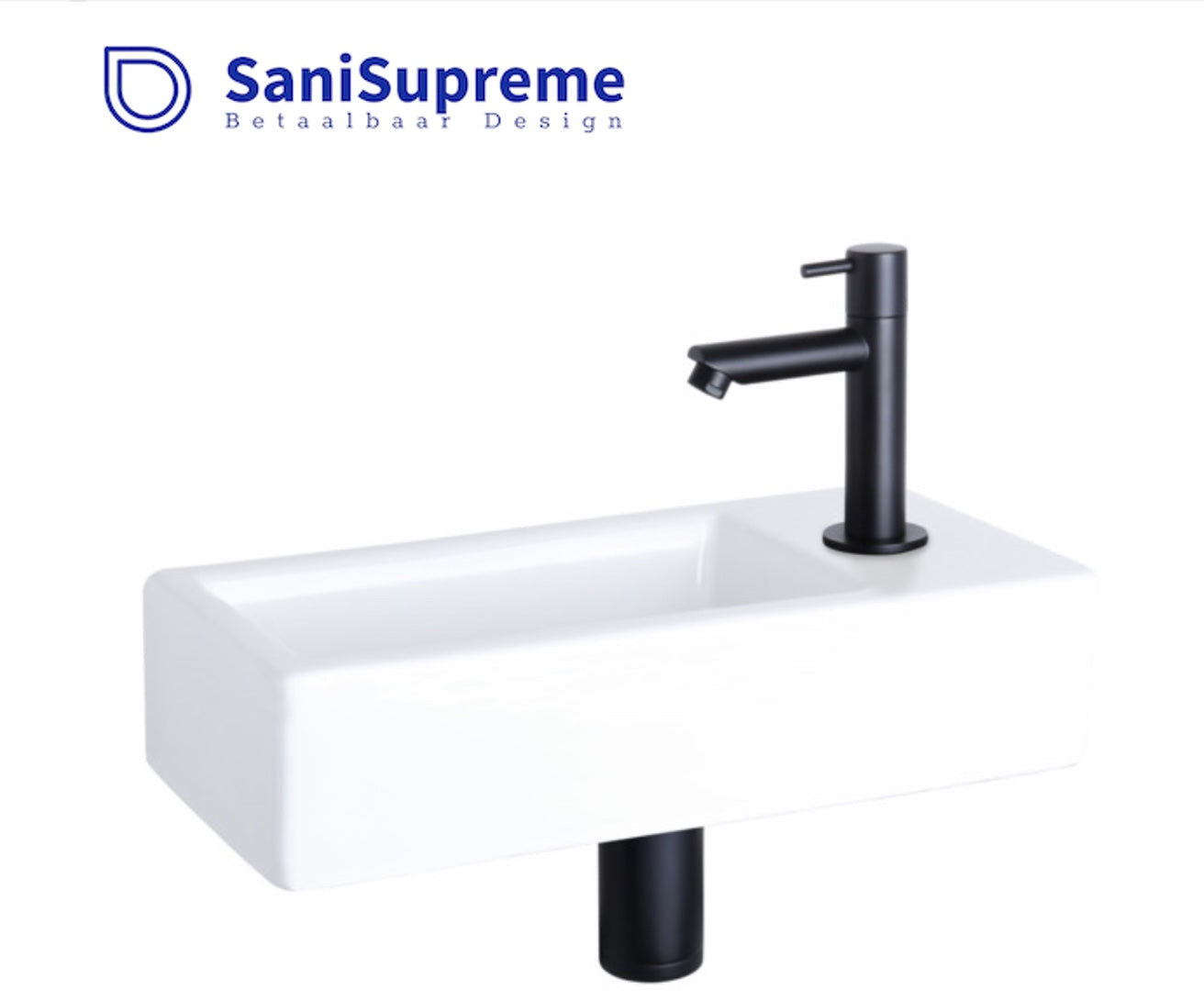 SaniSupreme Complete Fountain set set | ceramic washbasin white | toilet tap black | siphon black