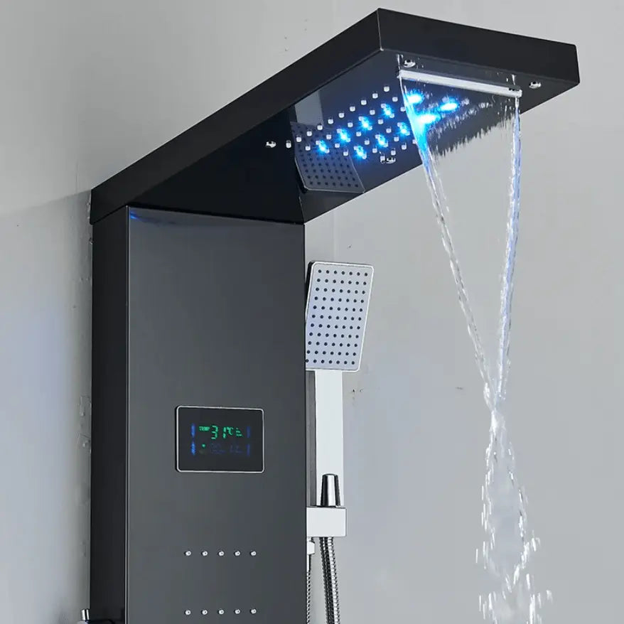 Luxe douchepanelen in mat zwart met LED-verlichting, waterval en handdouche – SaniSupreme Como LCD Premium