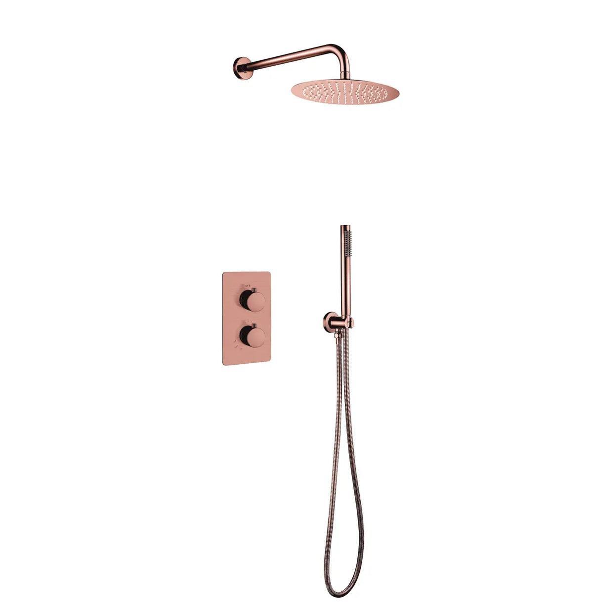 Doucheset koper met inbouw regendouche, thermostaat en handdouche van SaniSupreme, geborstelde afwerking voor een luxe moderne badkamer.