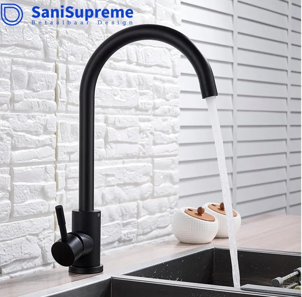 Robinet mitigeur thermostatique de cuisine SaniSupreme Bologna en noir mat avec bec haut courbé