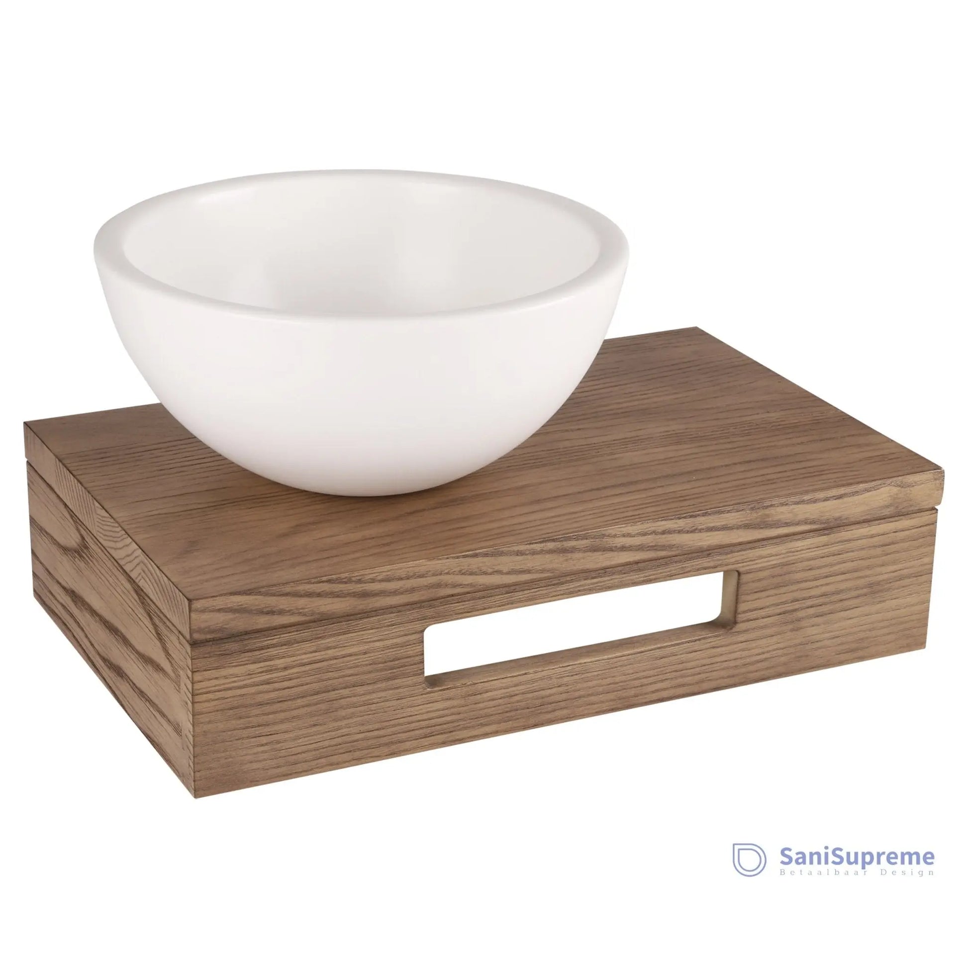 Witte ronde waskom op houten blad van SaniSupreme